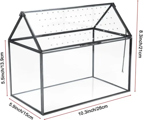 Vista 2 de HighFree Terrario geométrico de vidrio con tapa acrílica, terrario negro con forma de casa con agujeros de respiración para caracoles, suculentas