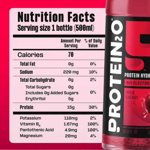 Vista 2 de Protein2o - Bebida a base de agua con infusión de 15 gramos de proteína de suero, sabor cereza, botella de 16.9 oz (paquete de 12)