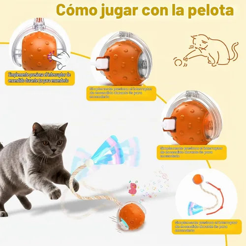 Vista 6 de Pelota interactiva de juguetes para gatos de interior, juguete automático para gatos con cola de malla elástica, juguete rodante recargable, 2-Rojo