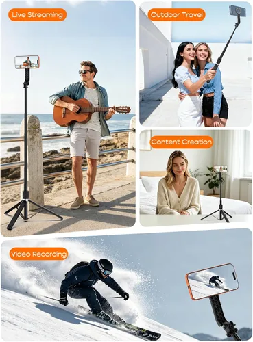 Vista 8 de Trípode para teléfono y palo para selfie, trípode extensible todo en uno de aluminio de 74.8 in para smartphone Negro
