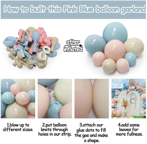 Vista 2 de Kit de guirnalda de globos rosa y azul, doble relleno, azul polvoriento, rosa, blanco, arena, nude, crema, para revelación de género, baby shower
