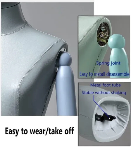 Vista 6 de Maniquí de forma de vestido femenino, torso de maniquí de cuerpo de poliuretano con soporte de metal ajustable en altura, brazos de madera, cuerpo