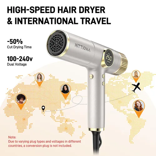 Vista 2 de HITTIONA Secador de pelo de viaje de doble voltaje con difusor magnético, secador de pelo iónico de alta velocidad de 2000 W, regalo para mujeres