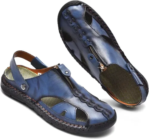 Vista 3 de Sandalias de playa de cuero con punta cerrada para hombre,Sandalias impermeables de pescador de moda hechas a mano,Zapatillas de agua casuales