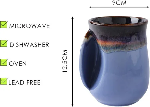 Vista 23 de Selamica - Taza de porcelana de 18 onzas con calentador de manos para diestros, taza de café, taza de té para familiares y pareja - Azul