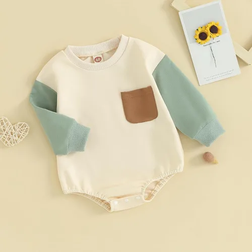 Vista 3 de Mameluco de manga larga con bloques de color para bebé, niño, niña, con bolsillo, cuello redondo, sudadera básica para otoño e invierno