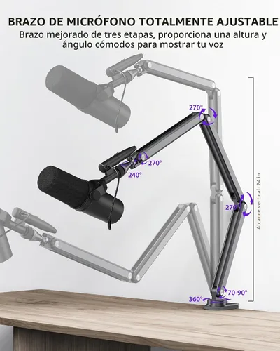 Vista 2 de KU XIU Soporte de micrófono de brazo de aleación de aluminio para escritorio, soporte de brazo de micrófono ajustable de tres secciones con canales