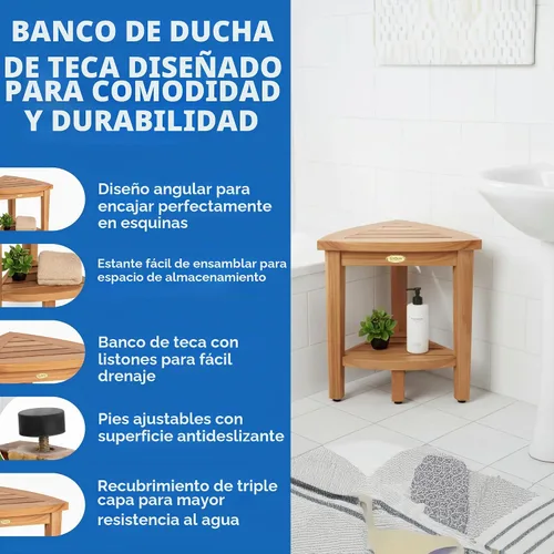Vista 3 de EcoDecors Snazzy Corner Banco Taburete Asiento Silla de Ducha Impermeable de Madera de Teca Para Ducha Interior Proporciona Seguridad