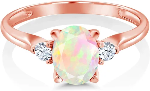 Vista 2 de Gem Stone King Anillo de compromiso de oro rosa de 10 quilates con ópalo etíope blanco y zafiro blanco creado con 3 piedras para mujer