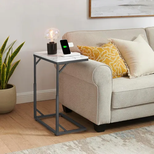 Vista 5 de Mesa auxiliar en forma de C, mesa de sofá pequeña con marco de metal, mesa auxiliar de altura ajustable para sofá, sala de estar, dormitorio, mesita