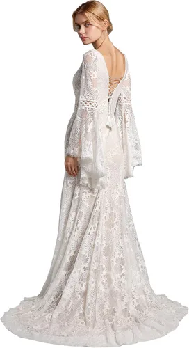 Vista 2 de LIPOSA Vestidos de novia de encaje bohemio para novias, mangas largas acampanadas, cuello en V, vestidos de novia de sirena con tren de barrido