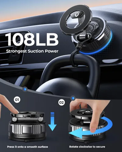Vista 3 de JunDa Soporte magnético para teléfono con ventosa, soporte de automóvil retráctil plegable ajustable de 360°, compatible con iPhone, Android y todos