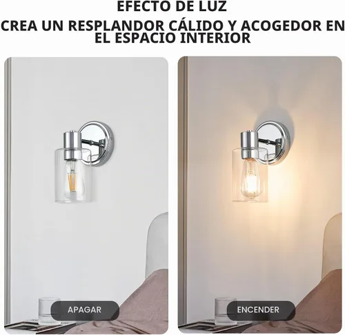 Vista 4 de Apliques de Pared de Baño de 2 Luces con Cristal Transparente, Luces de Pared de Baño Sobre Espejo, Luces de Tocador Cromadas con Base E26