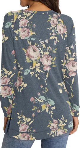 Vista 2 de NILOUFO Camisetas de manga larga para mujer, estilo informal, estilo túnica con abertura lateral
