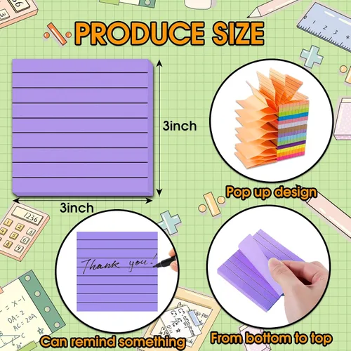 Vista 2 de 14 blocs de notas adhesivas desplegables, 1400 notas adhesivas forradas de 3 x 3 pulgadas, bloc de notas autoadhesivas con líneas, multicolor