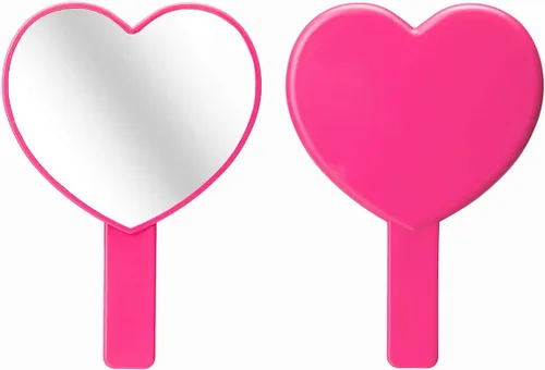 Vista 4 de Espejo de mano de maquillaje en forma de corazón, espejo de mano de viaje, espejo cosmético personal portátil con mango (rojo rosa)