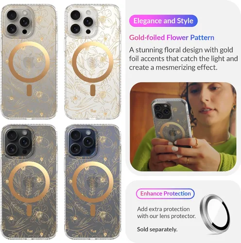 Vista 9 de LONLI Hue - para iPhone 15 Pro Max [Compatible con Magsafe] - Funda de teléfono floral dorada - [Amortiguador de 360°] - Funda de teléfono linda