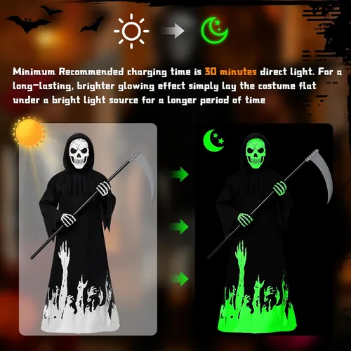 Vista 3 de MEJORMEN Disfraz de parca que brilla en la oscuridad para niños y niños, disfraz de fantasma aterrador de Halloween con guadaña, máscara de calavera