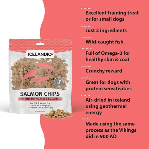 Vista 3 de Icelandic+ Mini Fish Chips: Salmón 9oz – Golosinas para perros, para entrenamiento y perros pequeños, 2 ingredientes secos al aire crujientes