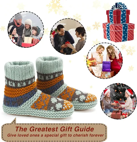 Vista 6 de Pantuflas de punto grueso para mujer para interiores, con forro polar sherpa, botas suaves sin cordones, cálidas y mullidas para el invierno