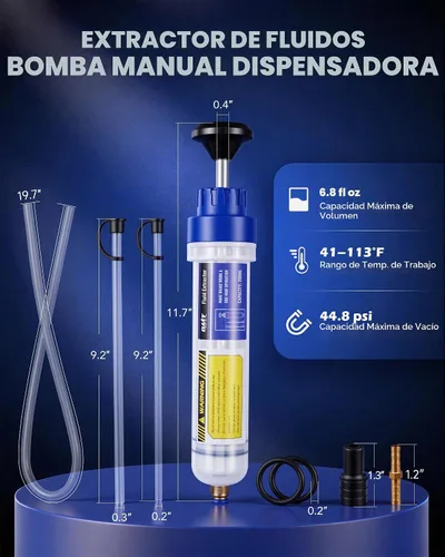 Vista 2 de Bomba manual de la jeringa del extractor de fluidos OMT para el cambio de aceite auto, 6.8 fl oz azul Heat & Chemical-Resistant Polyethylene Body