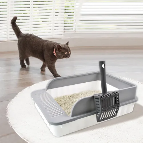 Vista 6 de Caja de arena abierta para gatos con lado alto antisalpicaduras para gatos con cuchara tamizadora de arena semi-cerrada, bandeja de arena