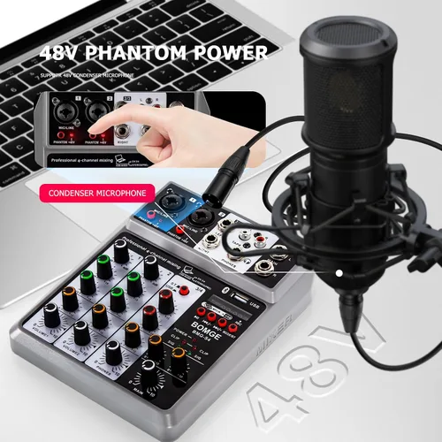 Vista 5 de BOMGE Mezclador de Audio Profesional, Consola de Mezcla de Placa de Sonido con 4 Canales Digital USB Bluetooth Efecto de Eco y Retrazo, Entrada 48V