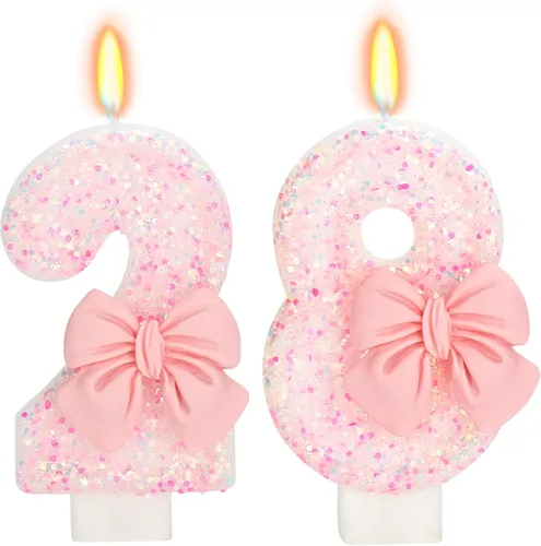 Vista 64 de Vela de cumpleaños para pastel, vela 0 - purpurina rosa con lazo, vela de feliz cumpleaños de 2.76 pulgadas, adorno superior de pastel para fiestas