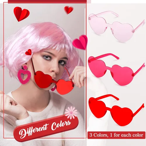Vista 2 de Flutesan Aretes de corazón con cuentas para el día de San Valentín, lentes de sol con forma de corazón, sin montura y corazón de caramelo