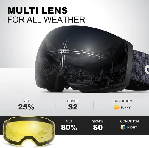 Vista 2 de Odoland Magnetic Interchangeable Anti-Fog Ski Goggles with 2 Lens Large Spherical Frameless Snow Snowboard Goggles for Men Women