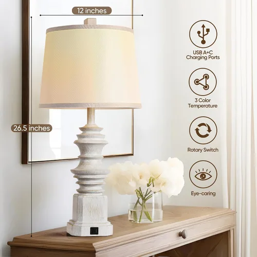 Vista 3 de QiMH - Juego de 2 lámparas de mesa para mesita de noche, lámpara de noche con dos puertos de carga USB, lámparas de mesa de decoración de granja