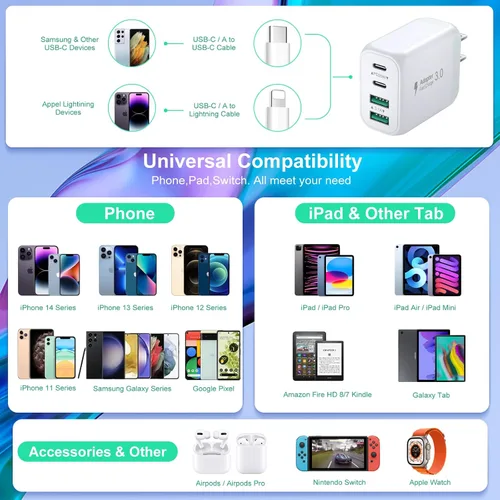 Vista 8 de Bloque de cargador USB C de 40 W, paquete de 2 cargadores de pared USB C de 4 puertos, cubo de carga rápida de teléfono tipo C con cable USBC a USBC