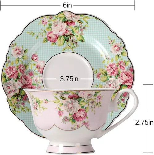 Vista 2 de Juego de taza de té y platillo de porcelana fina, azalea rosa, borde dorado, juego de cuatro