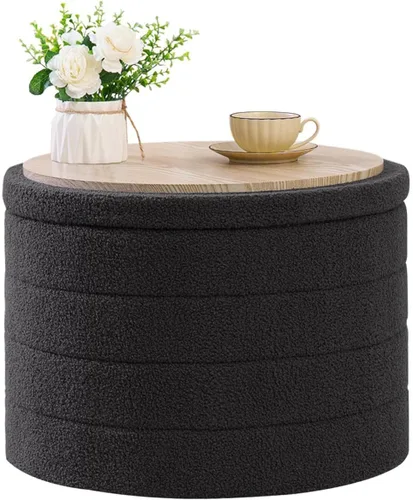 Vista 13 de B FSOBEIIALEO Otomana con Almacenamiento, Taburete Otomano de Almacenamiento Redondo Sherpa, Reposapiés Boucle 14.6"x14.6"x17.7" (Beige)