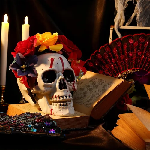 Vista 5 de Crowye 6 unidades de abanico de mano plegables del Día de los Muertos con diseño floral mexicano con corona de rosas mexicanas, tocado de tela