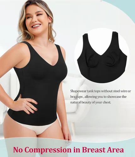 Vista 4 de LODAY Shapewear - Camiseta sin mangas con control de abdomen para mujer, camiseta de compresión con cuello en V, camiseta para adelgazar el cuerpo