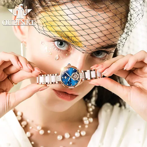 Vista 3 de OUPINKE Relojes automáticos para mujer, con diamantes elegantes, de vestir, de esqueleto, mecánico, cuerda automática, impermeable, luminoso