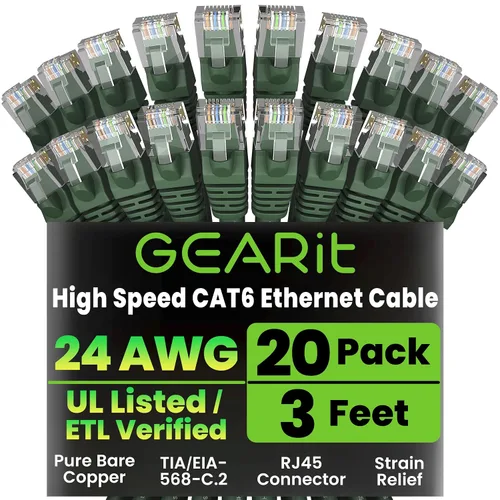 Vista 32 de GEARit Paquete de Cables Ethernet Cat 6 - Paquete de 20 Cables de Conexión Ethernet Cat6 de 1 pie Cable de Conexión de Red RJ45, Conectores