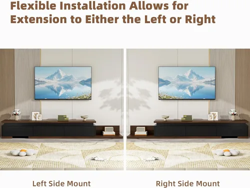 Vista 4 de Soporte de TV extensible con luces LED (80 a 106 pulgadas), consola de TV moderna con 3 cajones, centro de entretenimiento reversible de madera