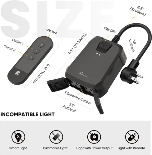 Vista 2 de TREATLIFE - Toma múltiple de control remoto inalámbrico para exteriores, enchufes de control individual 2 en 1, interruptor de salida eléctrica