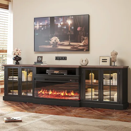 Vista 16 de Mueble de TV de estilo granja de 98" con chimenea de 36" para televisores de hasta 100", centro de entretenimiento multimedia con estantes 2-Blanco