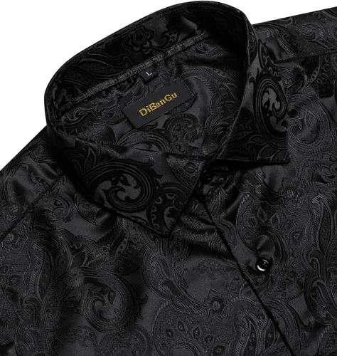 Vista 6 de DiBanGu Camisa de vestir de paisley de seda para hombre, formal, de manga larga, con cuello abotonado, camisas informales para fiesta de boda Negro