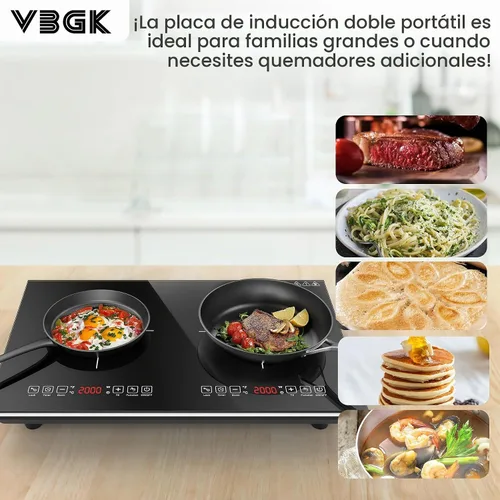 Vista 9 de VBGK Placa de cocción de doble inducción, quemador eléctrico de 110 V 4000 W, placa caliente de 2 quemadores con sensor LED táctil, ahorro