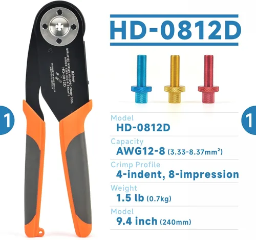 Vista 2 de iCrimp HD-0812D 12-8 AWG Herramienta de crimpado de rango superior ocho contactos sólidos Deutsch y Harting HAN C, HAN D, HAN E contactos resistentes