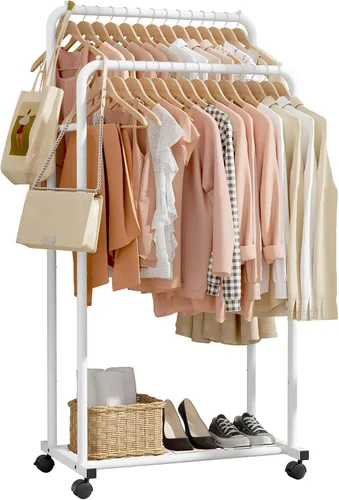 Vista 11 de Sakugi Perchero de Ropa - Perchero de ropa con estante de malla de almacenamiento y ruedas, perchero de metal resistente para colgar ropa, vestidos