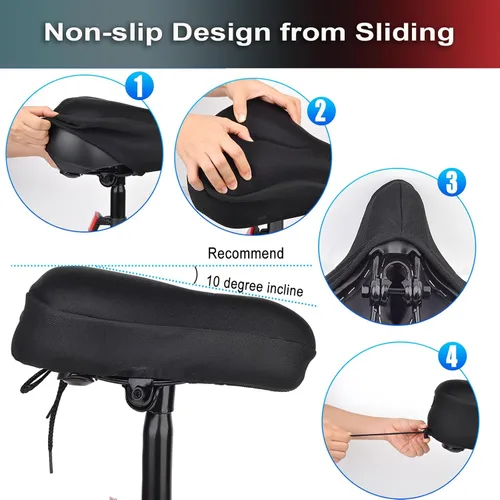Vista 3 de Cojín de gel grueso y ancho para asiento de bicicleta con funda impermeable - Cómodo cojín de silicona de espuma viscoelástica para asiento