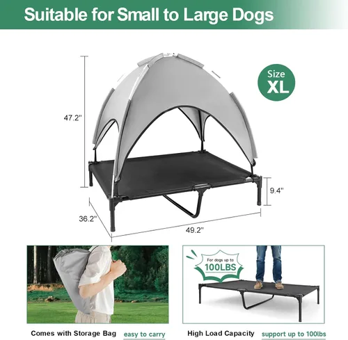 Vista 5 de Cama elevada para perros para exteriores con toldo, cuna elevada para perros con sombra, tienda de campaña impermeable para perros medianos