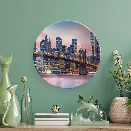 Vista 5 de XISUNYA Plato decorativo de 6 pulgadas, artesanía de cerámica de Nueva York, puente de Brooklyn y el horizonte de Manhattan bajo el amanecer rosa