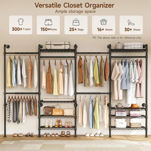 Vista 9 de ONBRILL H4 Sistema de Clóset Montado en Pared, Perchero de Tubería Industrial Expandible para Colgar Ropa, Organizadores de Clóset y Almacenamiento