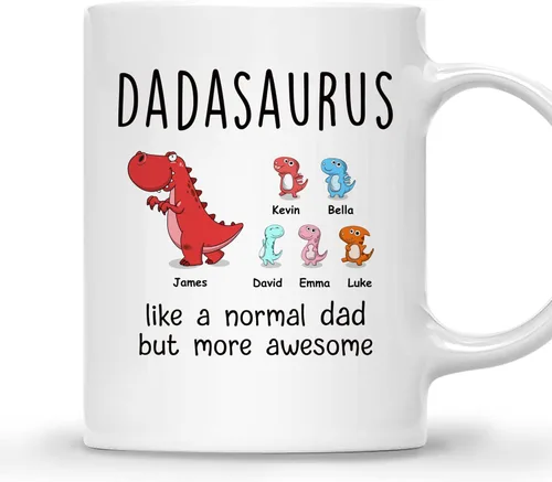 Vista 9 de Gossby Taza de Café Personalizada DADASAURUS – Regalo Personalizado para Papá de Niño, Hija, Hijo, Esposa Con Diseño, Nombres – Divertido Día